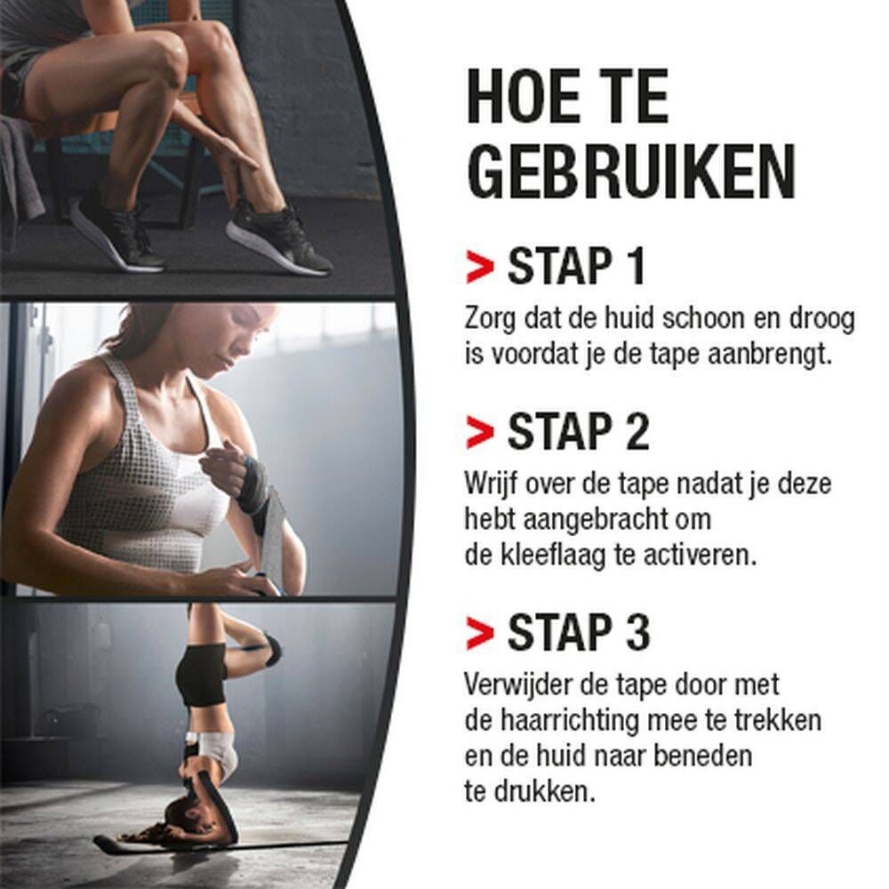 Illustratie: stappen voor het aanbrengen van kinesiotape. Stap 1-3. Huid reinigen, tape aanbrengen, tape verwijderen.