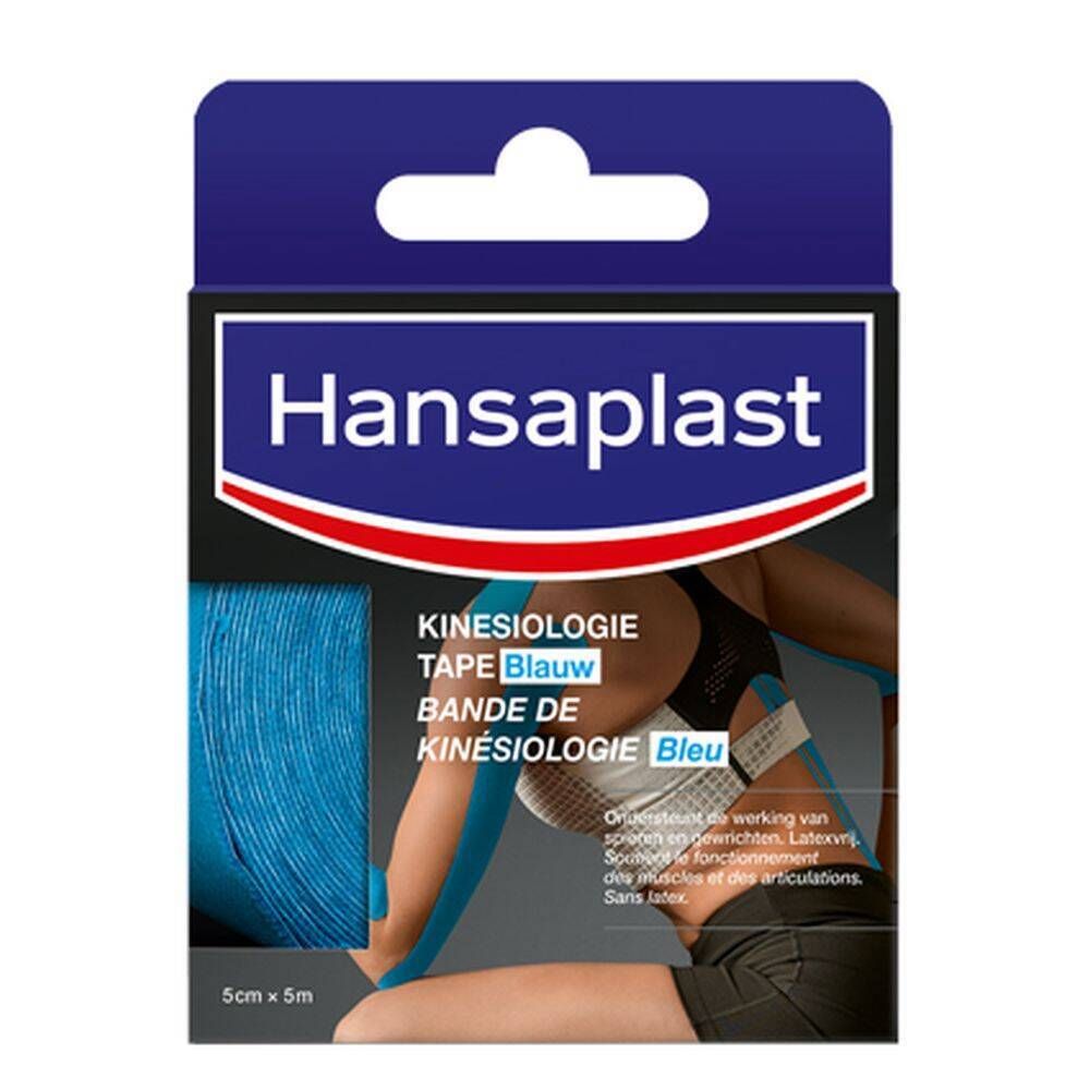 Ruban de kinésiologie Hansaplast en boîte. Ruban bleu, nom et taille du produit visibles.