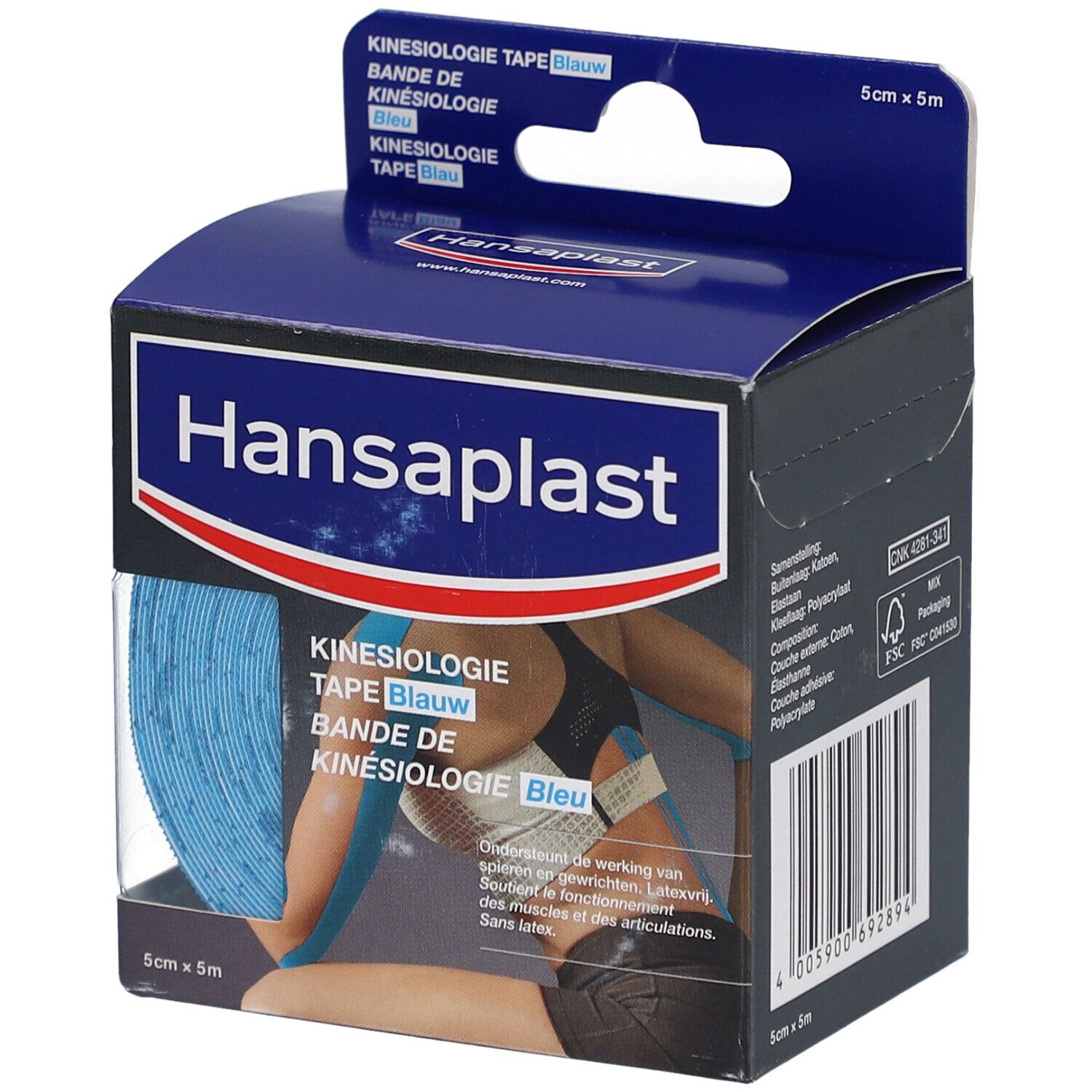 Ruban de kinésiologie Hansaplast bleu en boîte. Dimensions : 5 cm x 5 m. Nom et taille du produit visibles.
