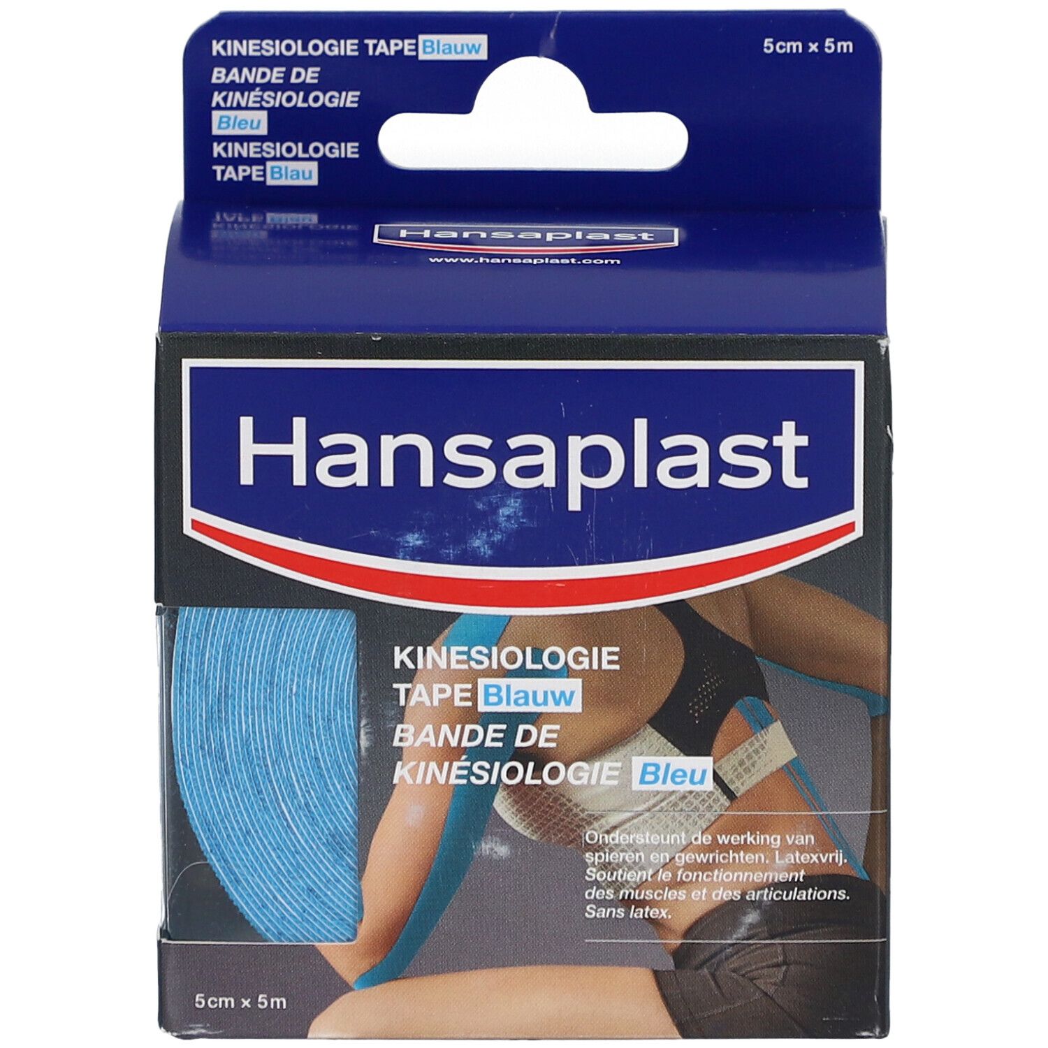 Ruban de kinésiologie Hansaplast en boîte. Ruban bleu, nom et taille du produit visibles.