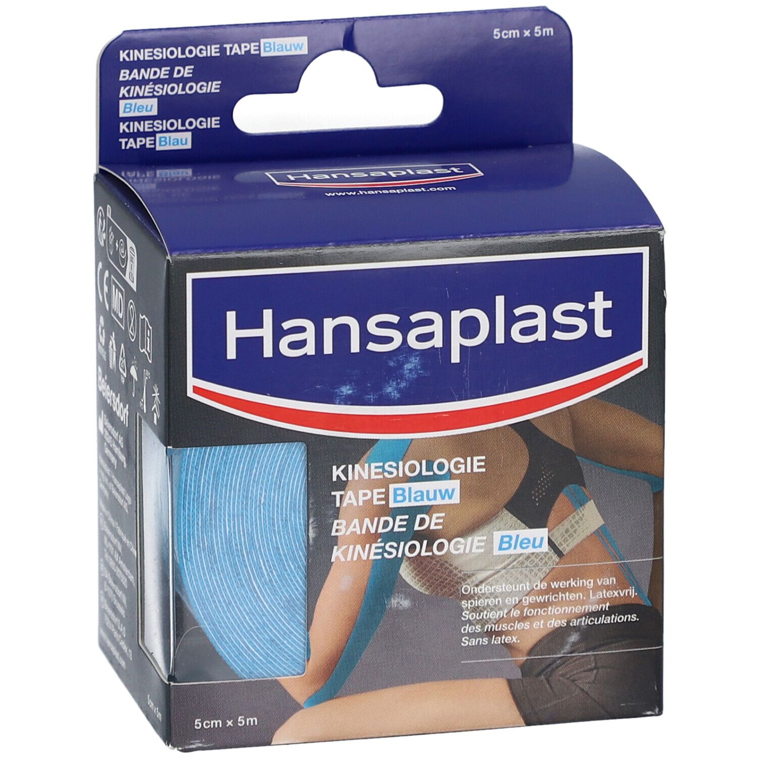 Ruban de kinésiologie Hansaplast en boîte. Ruban bleu, nom et taille du produit visibles.