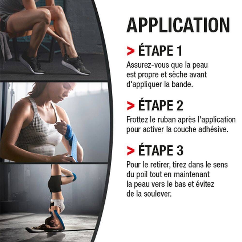 Instructions d'utilisation du ruban de kinésiologie Hansaplast. Trois étapes avec images et texte.