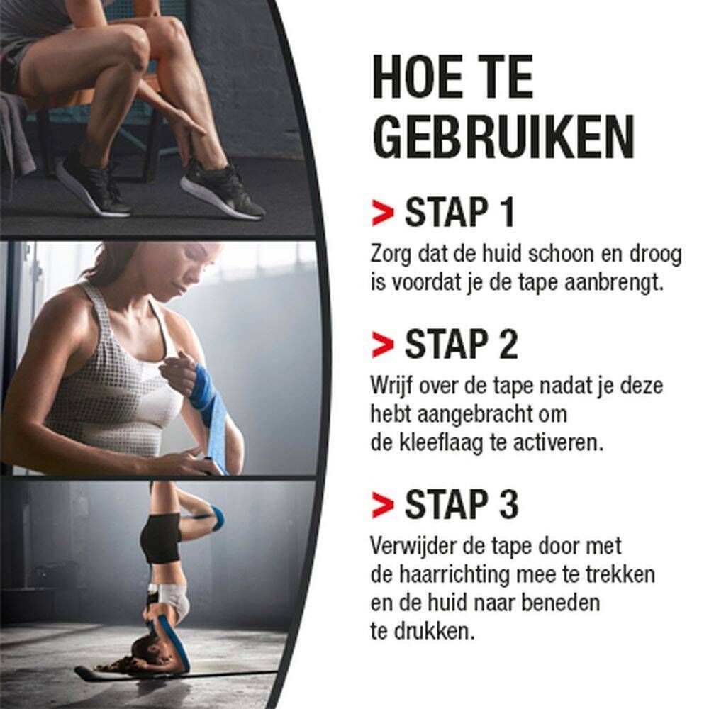 Instructies voor het gebruik van Hansaplast kinesiotape. Drie stappen met afbeeldingen en tekst.