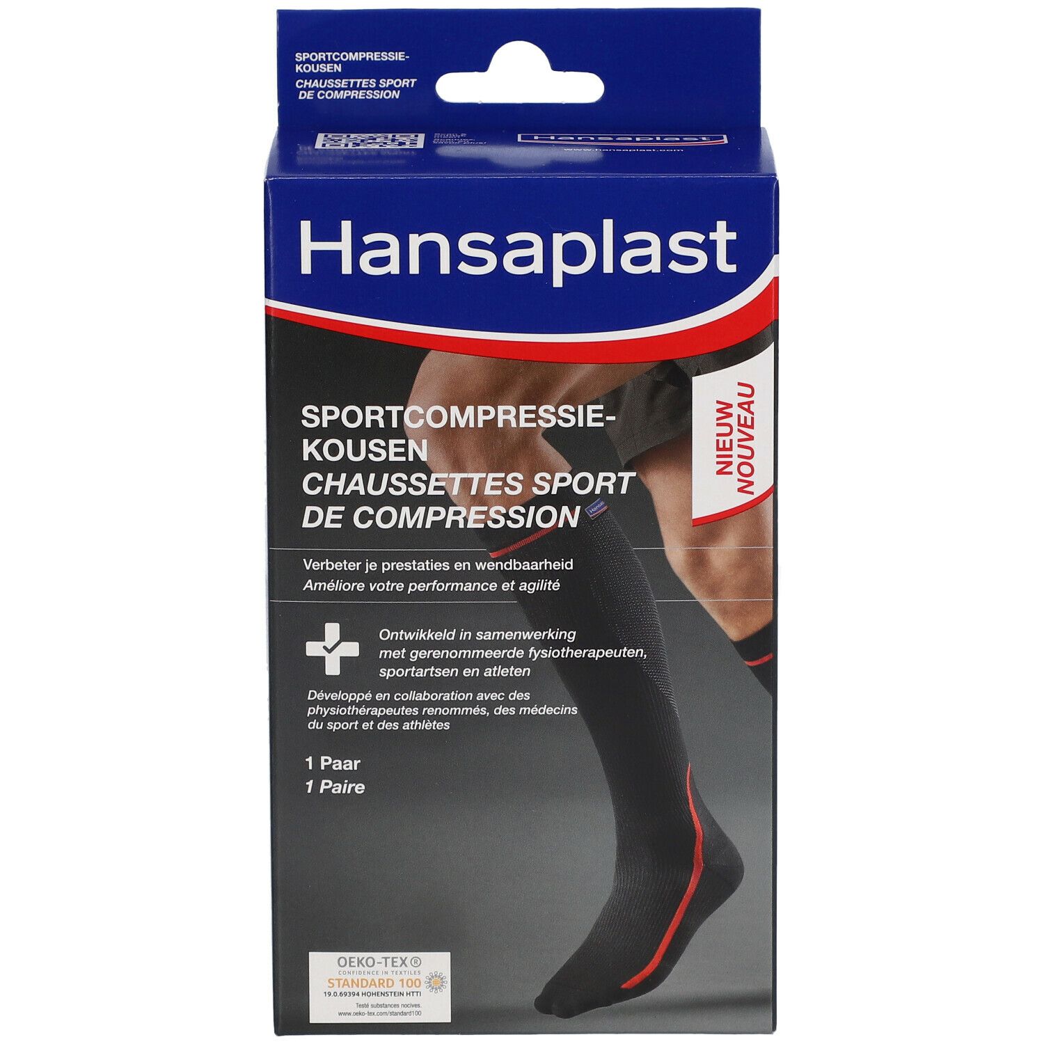 Verpackung mit Kompressionsstrümpfen. Schwarze Strümpfe mit roter Linie. Marke Hansaplast. Text: Sportkompressie.