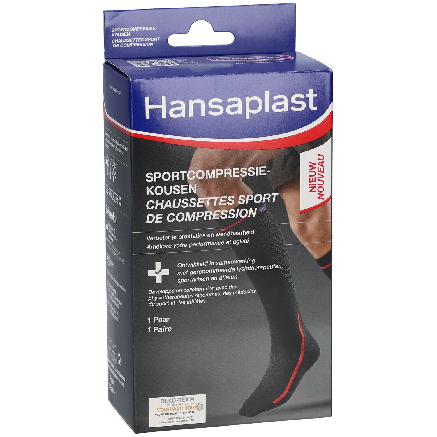 Verpackung mit Kompressionsstrümpfen. Schwarze Strümpfe mit roter Linie. Marke Hansaplast. Text: Sportkompressie.