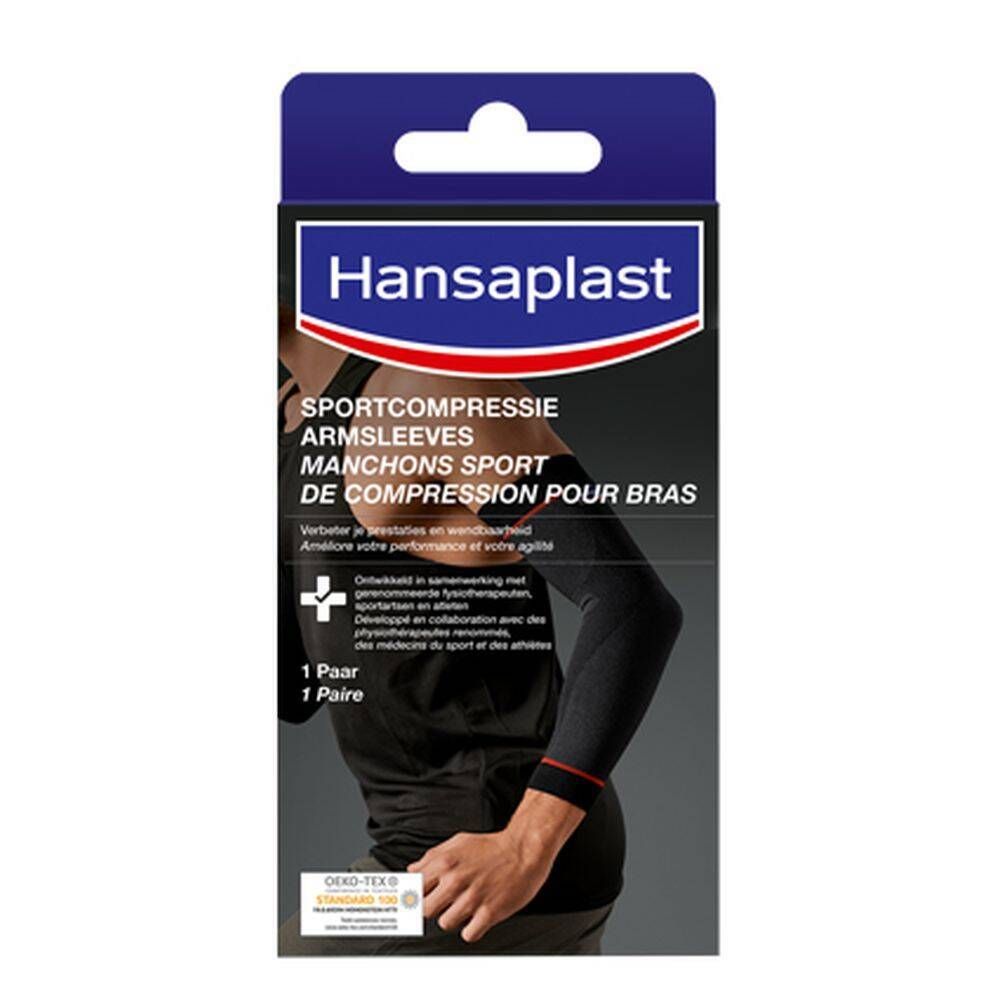 Manchons de compression Hansaplast Sport. Manchons noirs dans l'emballage. Marque et nom du produit visibles.