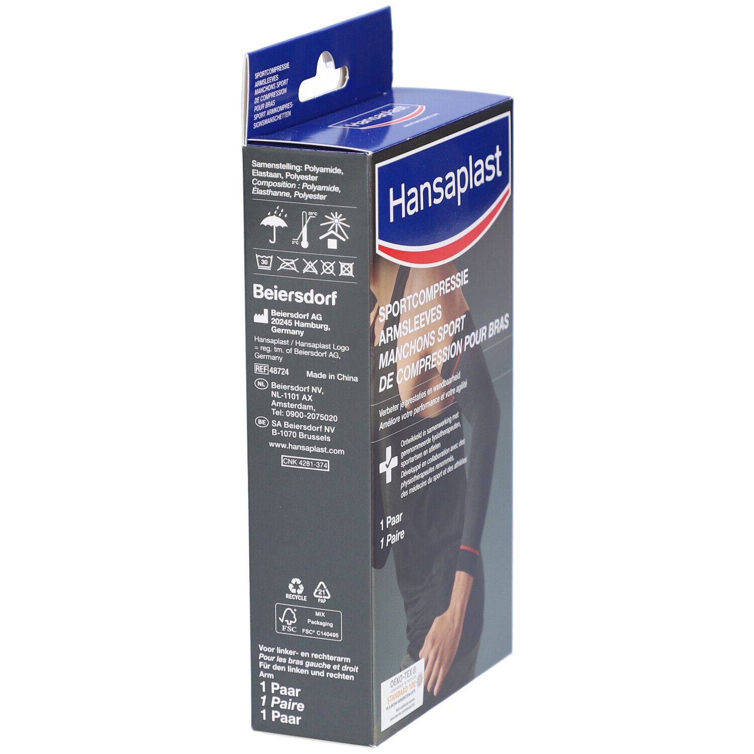 Emballage des manchons de compression Hansaplast Sport. Vue latérale avec informations et marque.