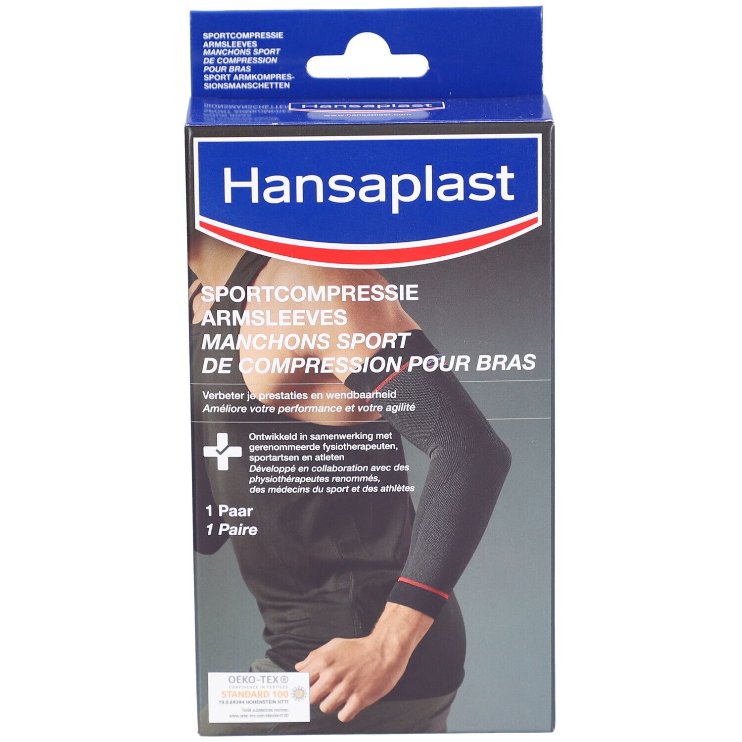Manchons de compression Hansaplast Sport. Manchons noirs dans l'emballage. Marque et nom du produit visibles.
