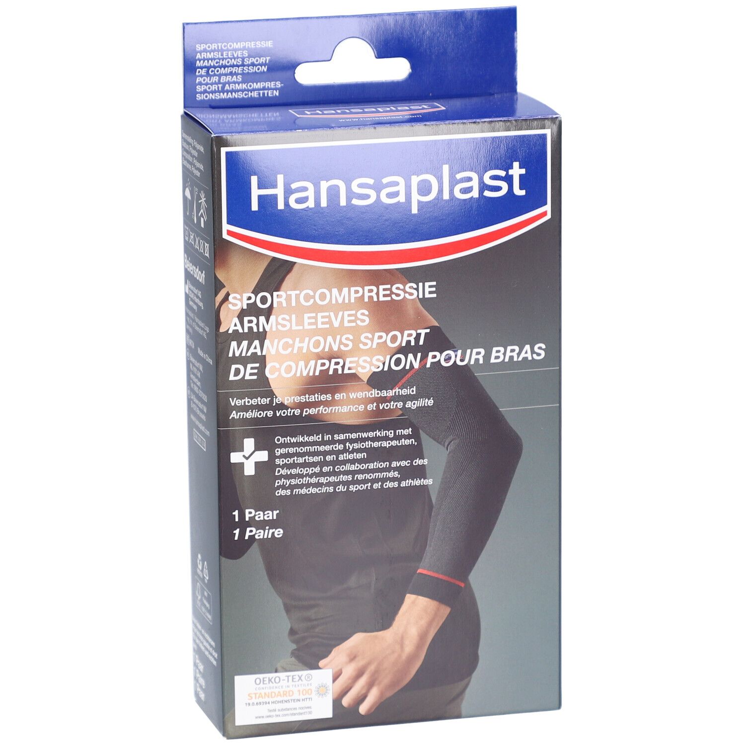 Manchons de compression Hansaplast Sport. Manchons noirs dans l'emballage. Marque et nom du produit visibles.