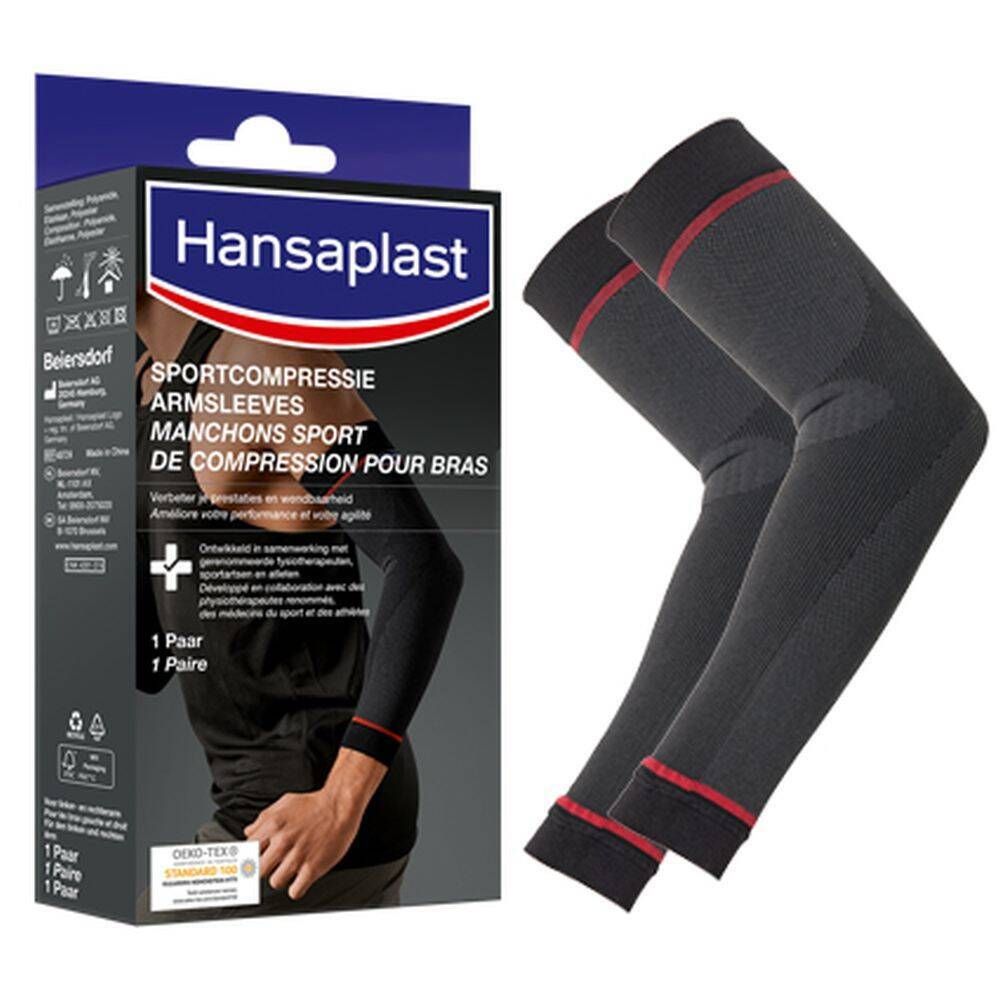 Manchons de compression Hansaplast Sport. Deux manchons noirs avec accent rouge. Emballage.
