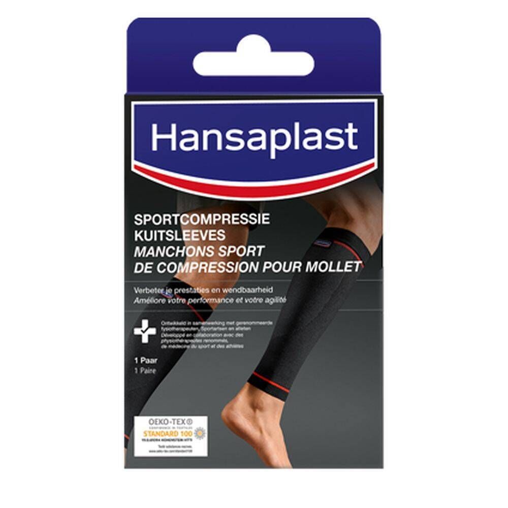 Manchons de compression Hansaplast noirs avec liseré rouge. Emballage avec image du produit et texte.