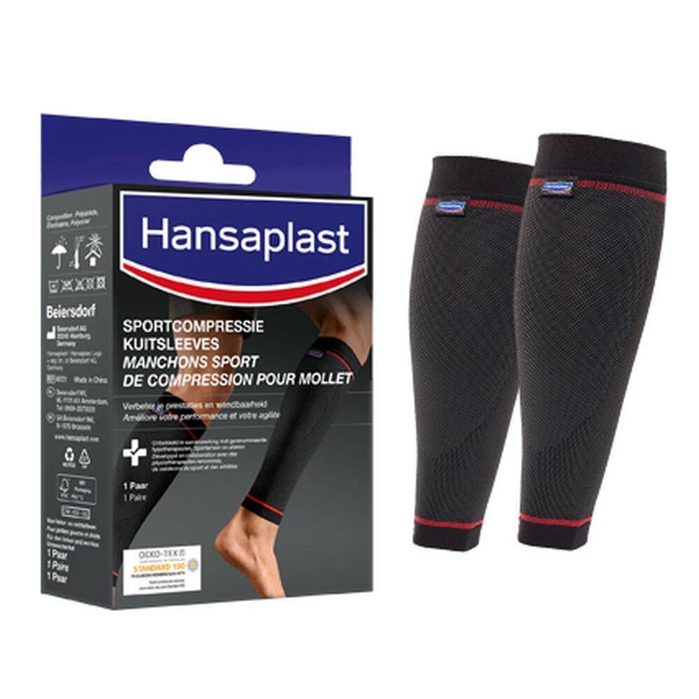 Deux manchons de compression Hansaplast noirs avec liseré rouge. Emballage avec image du produit.