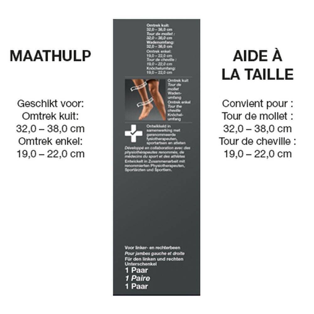 Dos de l'emballage avec indications de taille pour mollets et chevilles en cm. Texte en allemand et français.