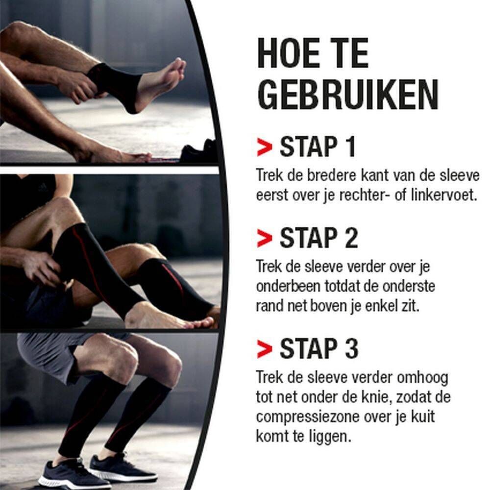 Gebruiksaanwijzing in drie stappen. Illustraties tonen het aantrekken van de kousen.