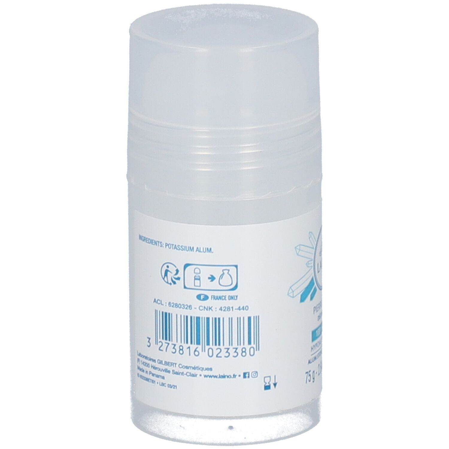 Rückseite des LAINO Deodorant-Roll-ons. Enthält Informationen zu Inhaltsstoffen, Barcode und Hersteller.