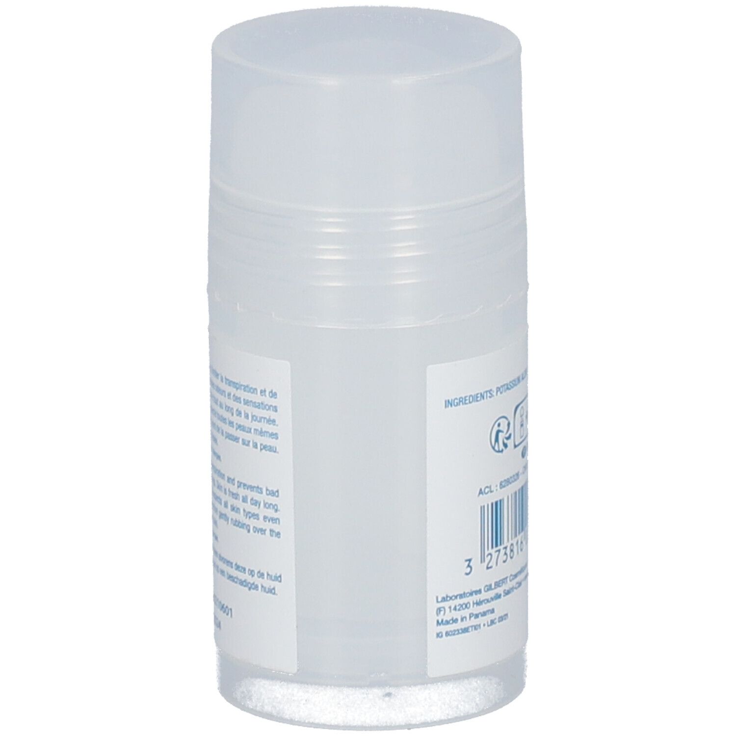 Rückseite des LAINO Deodorant-Roll-ons. Text in Französisch und Englisch. Informationen zur Anwendung.