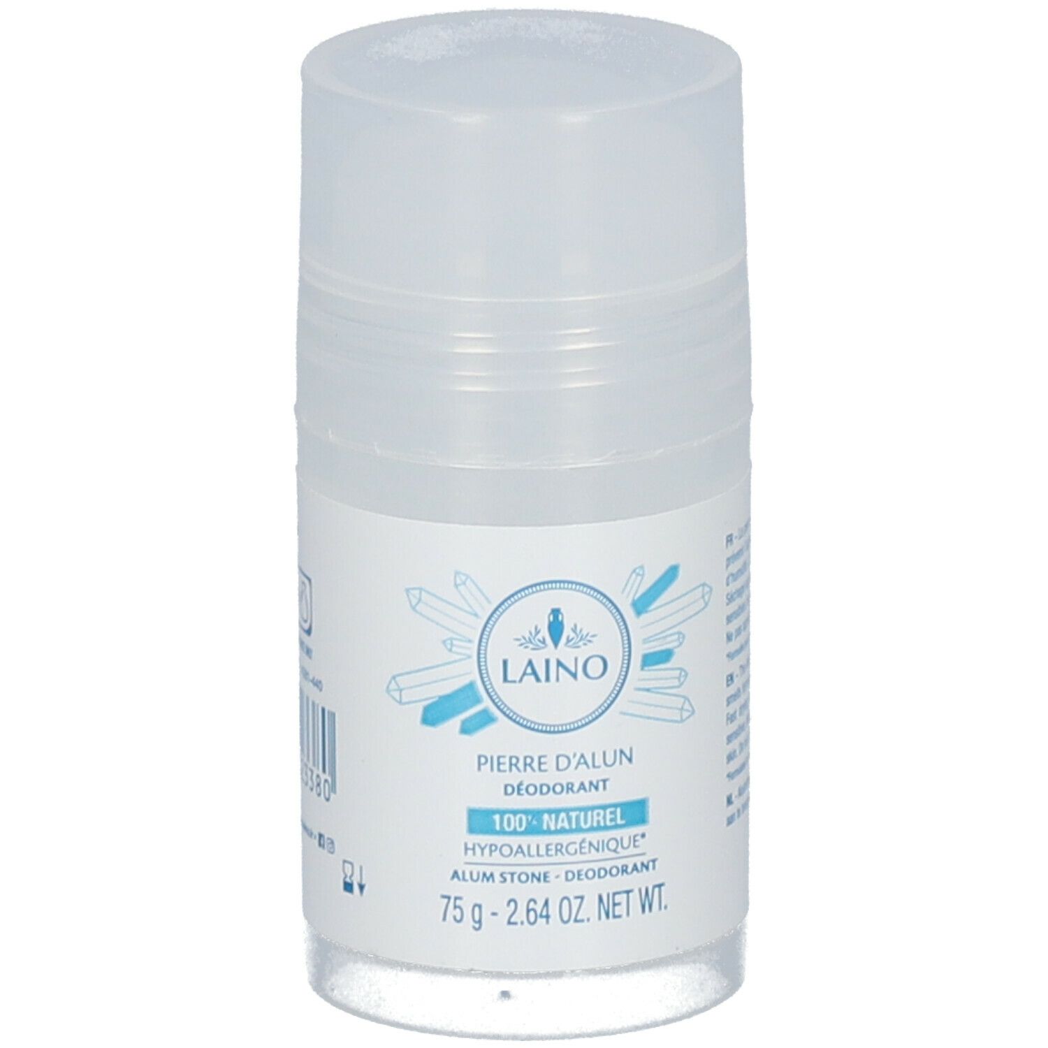 LAINO Deodorant-Roll-on. Weißer Behälter mit blau-weißer Beschriftung. Enthält 75g. Hypoallergen.