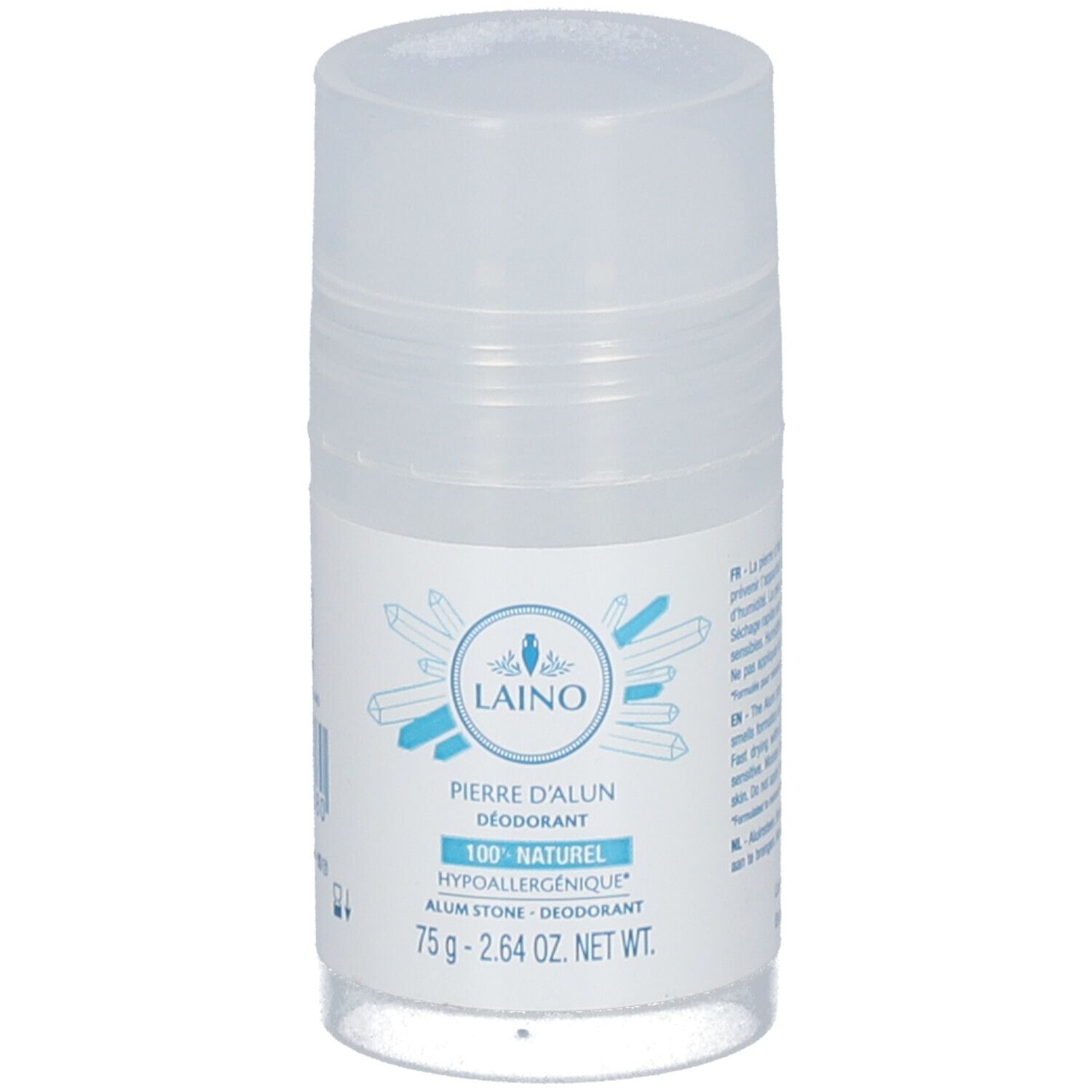 Deodorant-Roll-on von LAINO. Weißer Behälter mit blau-weißer Beschriftung. Enthält 75g. Hypoallergen.