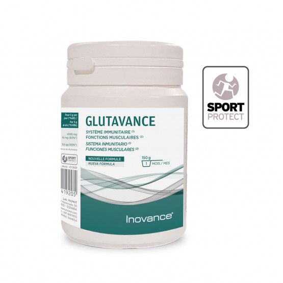 Pot blanc "Glutavanz". Étiquette verte et blanche avec logo "Inovance" et label Sport Protect. Contient 150g.