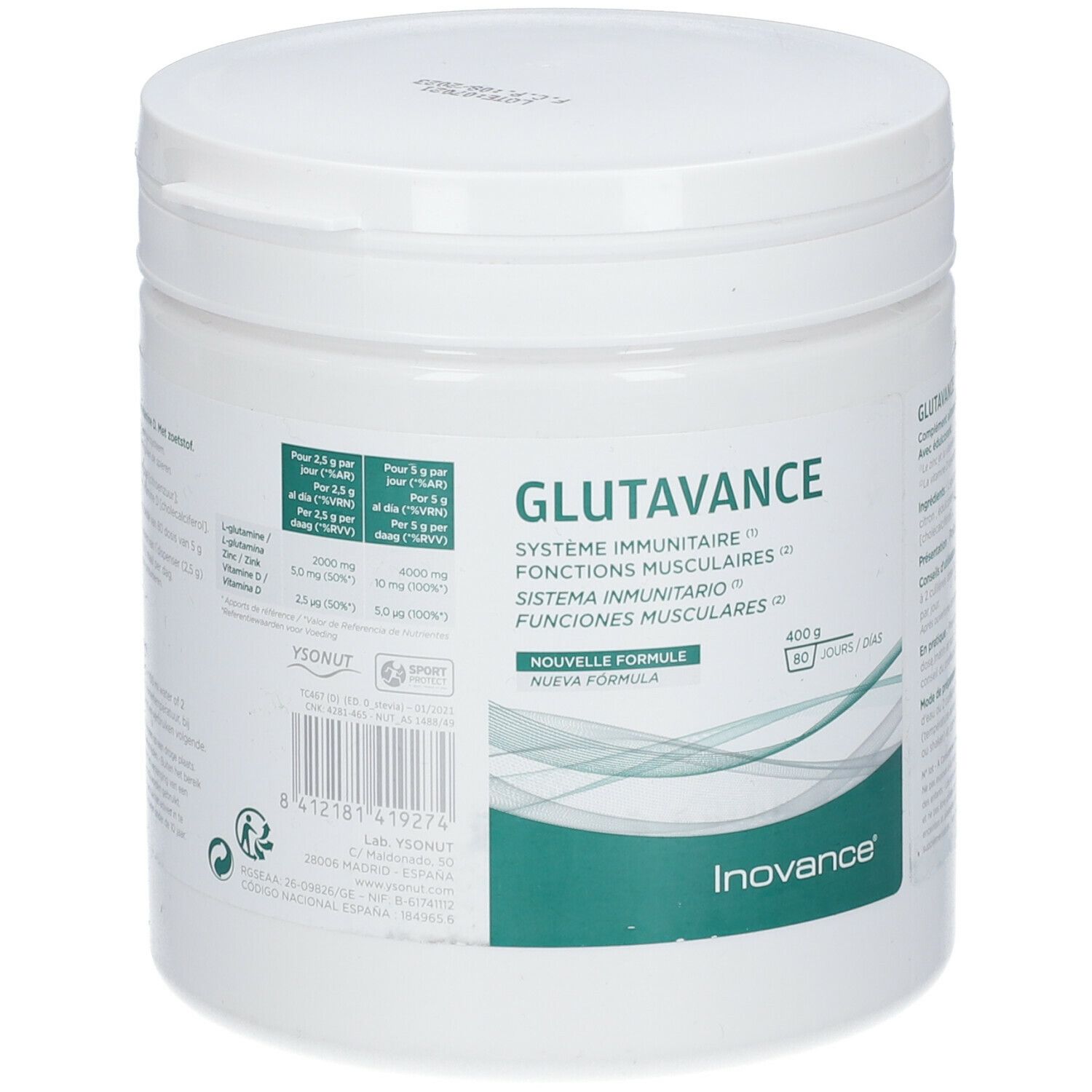 Witte pot met deksel. Opschrift: Glutavance, Système immunitaire, Fonctions musculaires. Merk: Inovance.