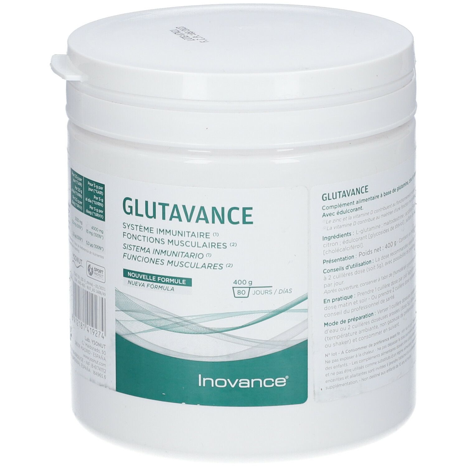 Witte pot met deksel. Opschrift: Glutavance, Système immunitaire, Fonctions musculaires. Merk: Inovance.