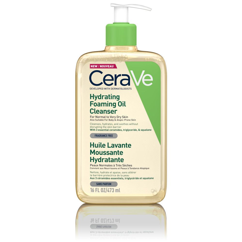CeraVe Huile Lavante Moussante Hydratante. Flacon avec pompe, bouchon vert. Liquide clair. Texte et logo.