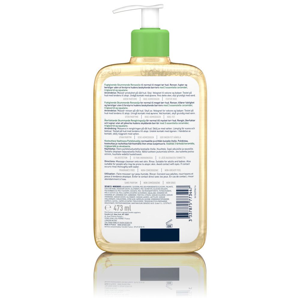 Dos du flacon CeraVe. Texte multilingue. Code-barres et indication de volume : 473 ml.