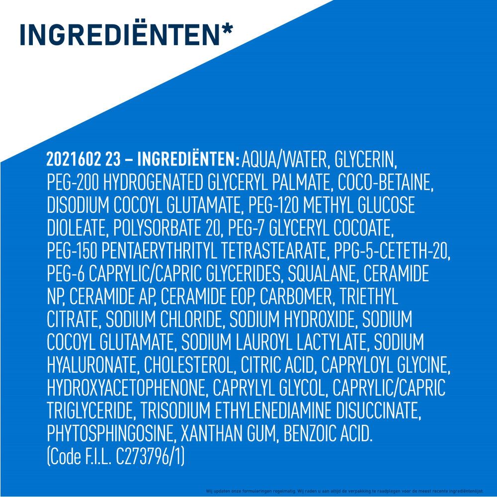 Ingrediënten van CeraVe reiniger. Lijst met chemische namen. Tekst op blauwe achtergrond.