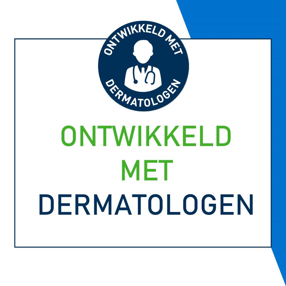 Logo: Ontwikkeld met dermatologen. Blauw rond logo met dokterssymbool.