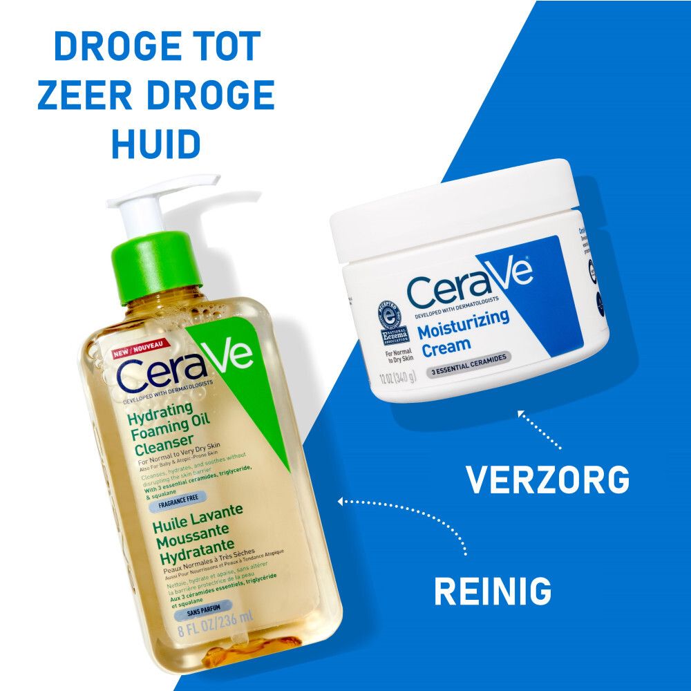 CeraVe reiniger en moisturizer. Tekst: Reinigt, verzorgt. Producten op blauwe achtergrond.