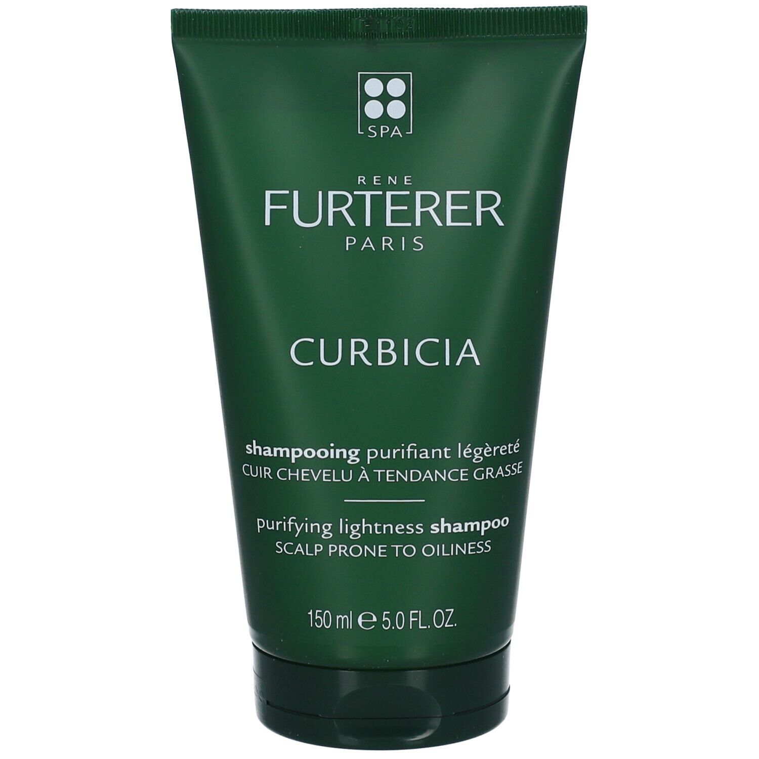 Groene shampoo tube. Opschrift: RENE FURTERER PARIS, CURBICIA, purifying lightness shampoo. 150 ml.