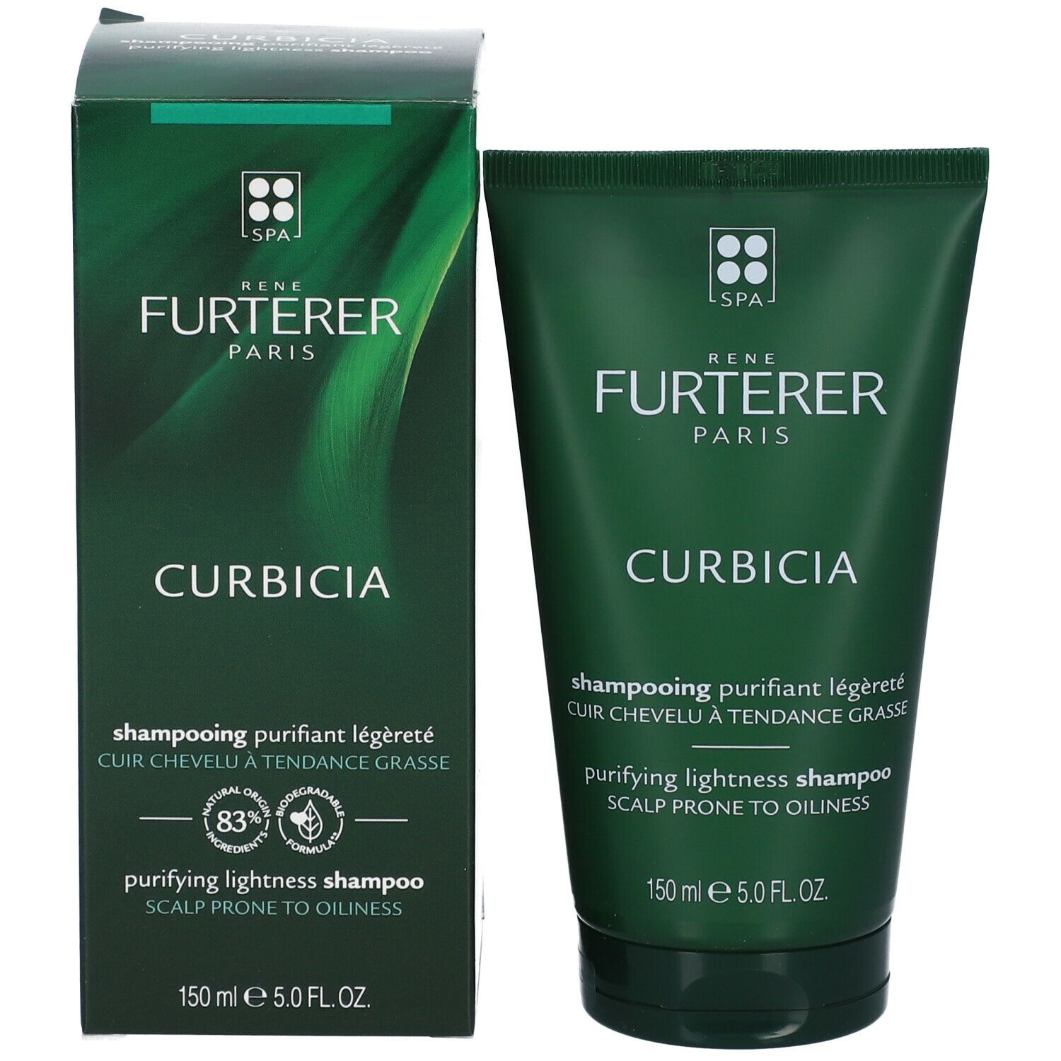 Groene doos en shampoo tube. Opschrift: RENE FURTERER PARIS, CURBICIA, purifying lightness shampoo. 150 ml. 83% natuurlijk.
