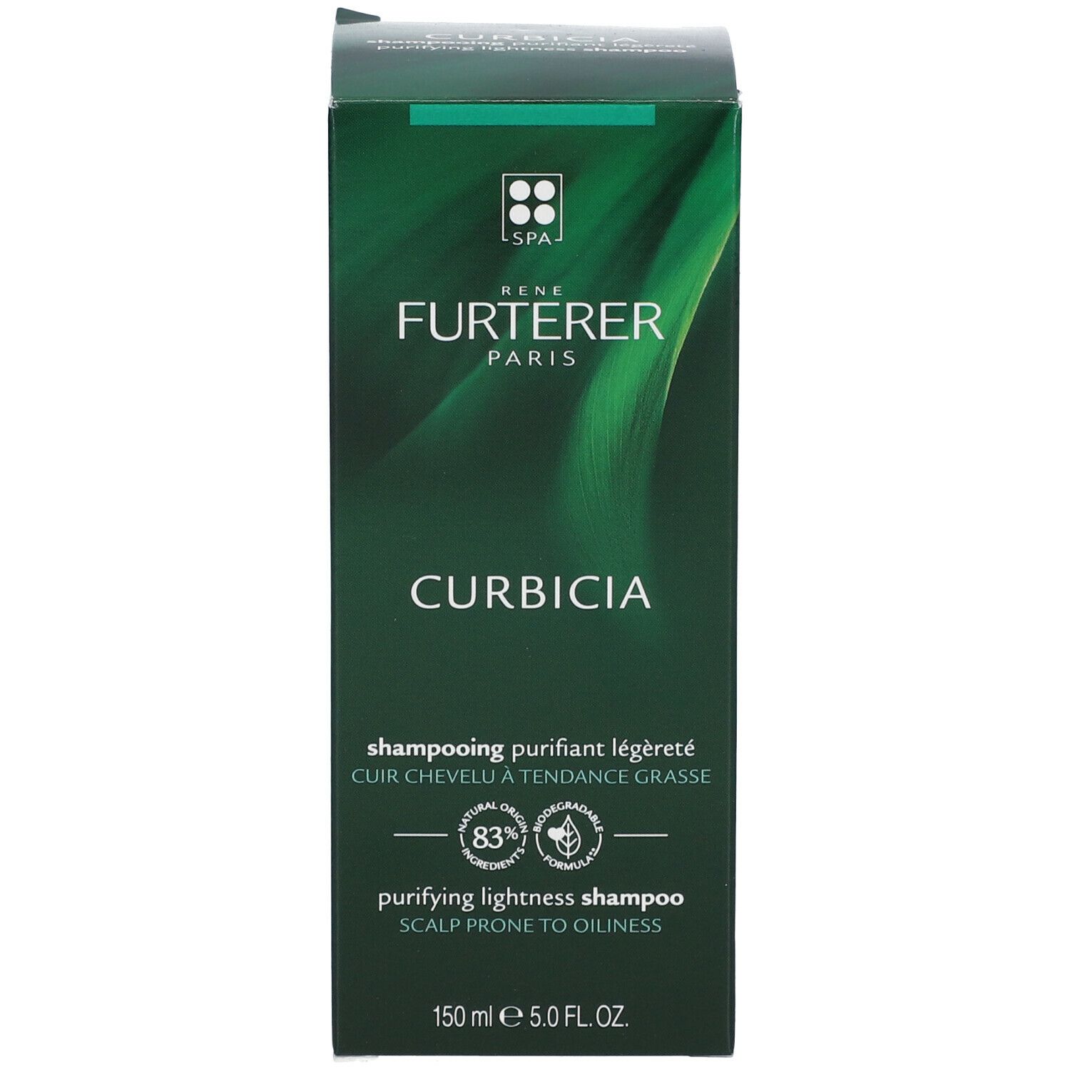 Groene shampoo doos. Opschrift: RENE FURTERER PARIS, CURBICIA, purifying lightness shampoo. 150 ml. 83% natuurlijk.