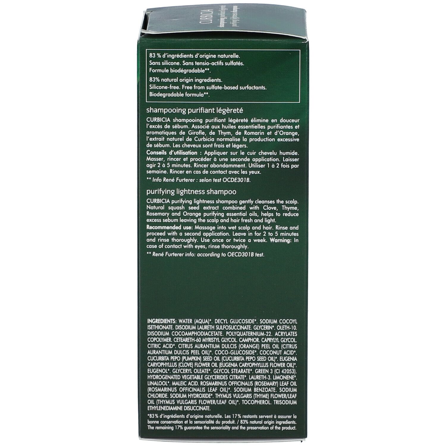 Achterkant van de groene shampoo doos. Meertalige tekst. 83% ingrediënten van natuurlijke oorsprong. Ingrediënten.
