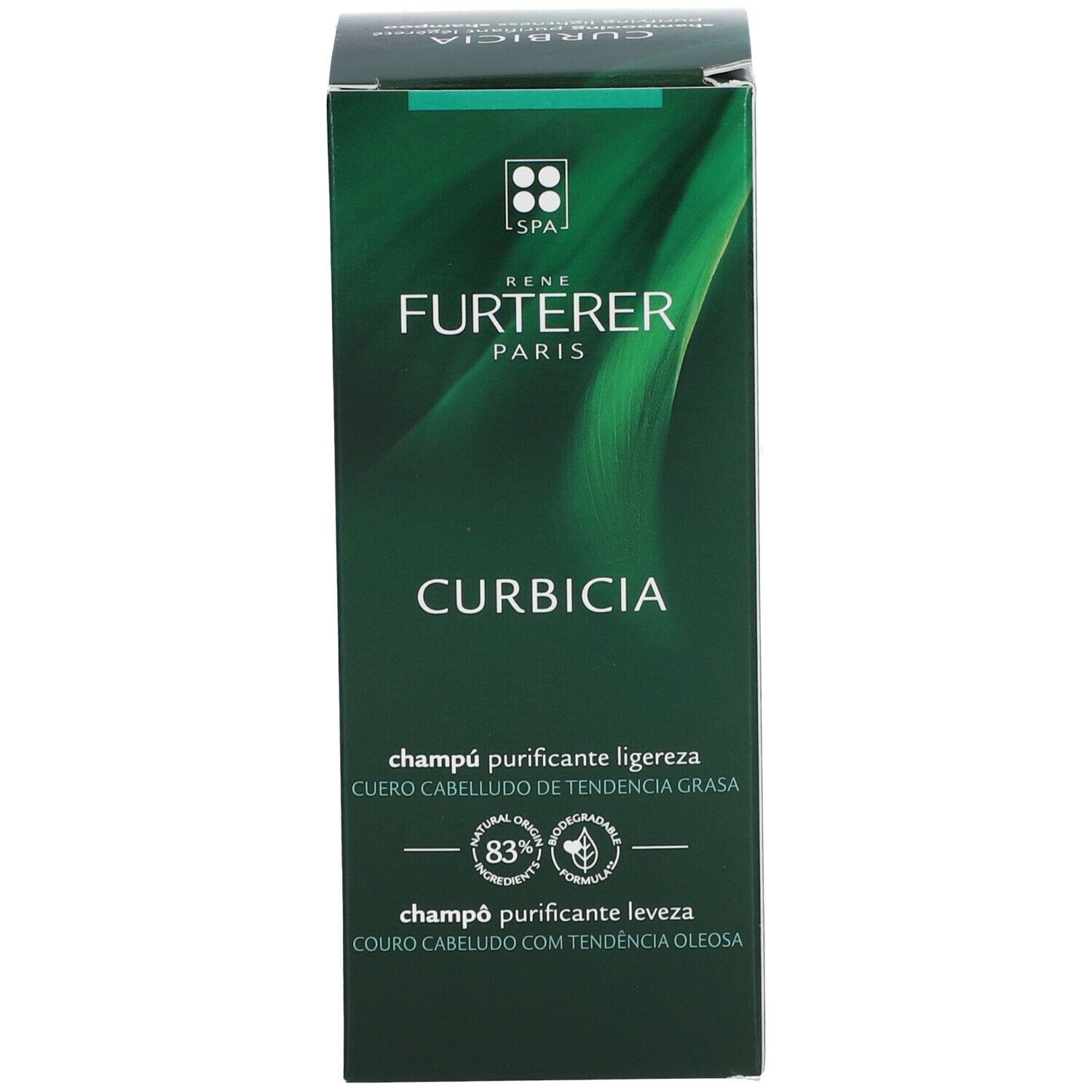 Groene shampoo doos. Opschrift: RENE FURTERER PARIS, CURBICIA, Champú purificante ligereza. 83% natuurlijk.