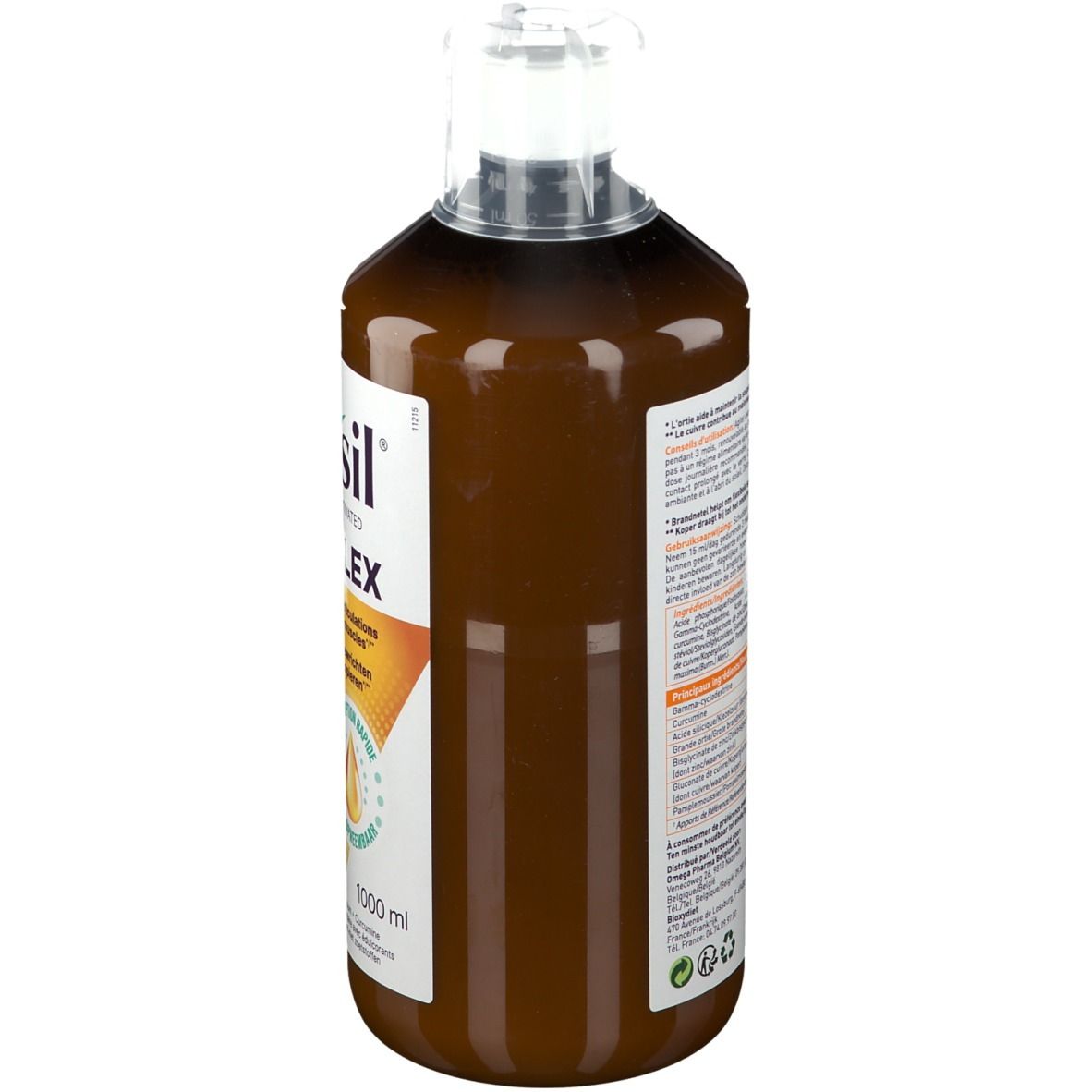 Bruine fles met witte dop. Achterkant met tekst. 1000 ml. Etiket met ingrediënten en informatie.