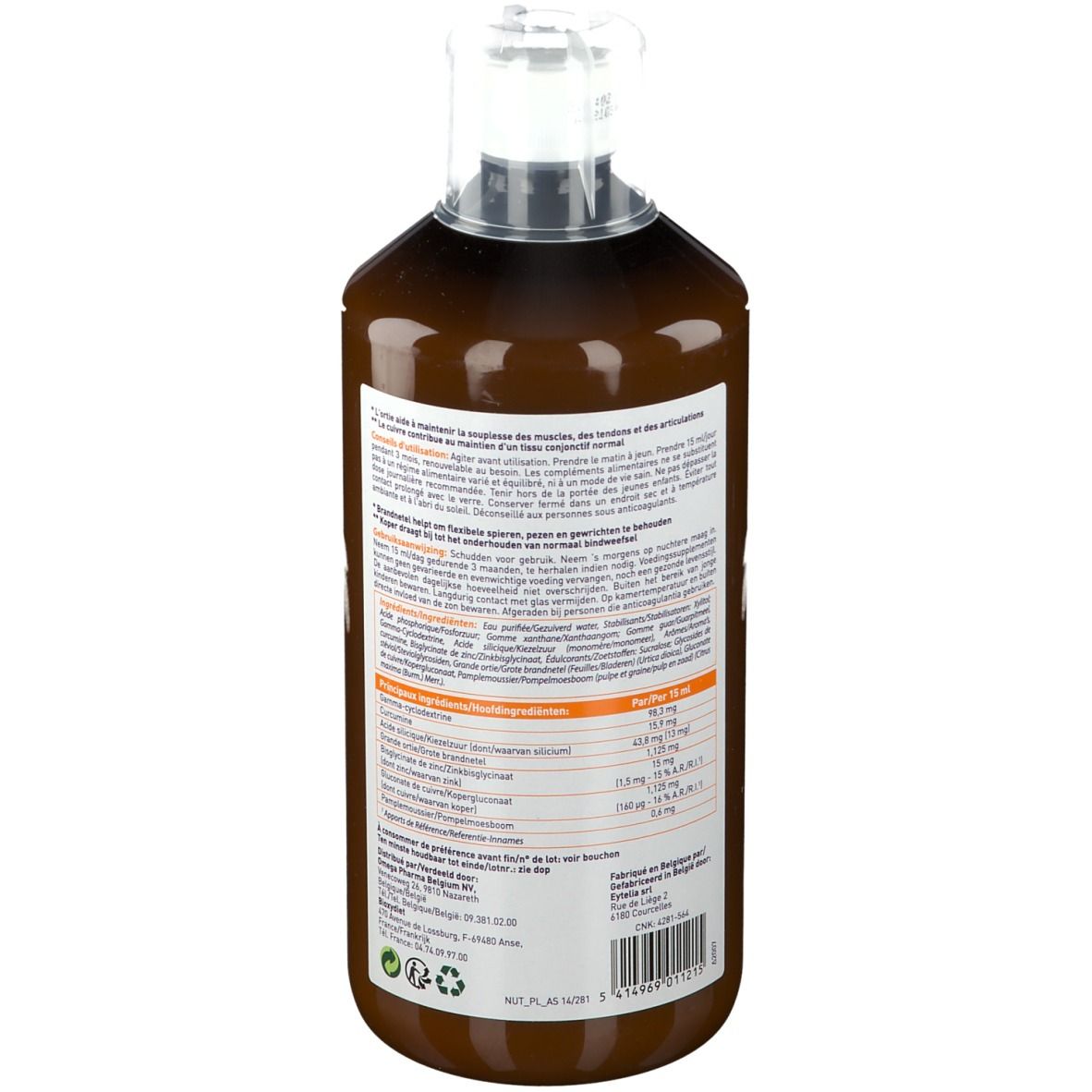 Achterkant van een bruine fles met witte dop. Etiket met ingrediënten en informatie. 1000 ml.