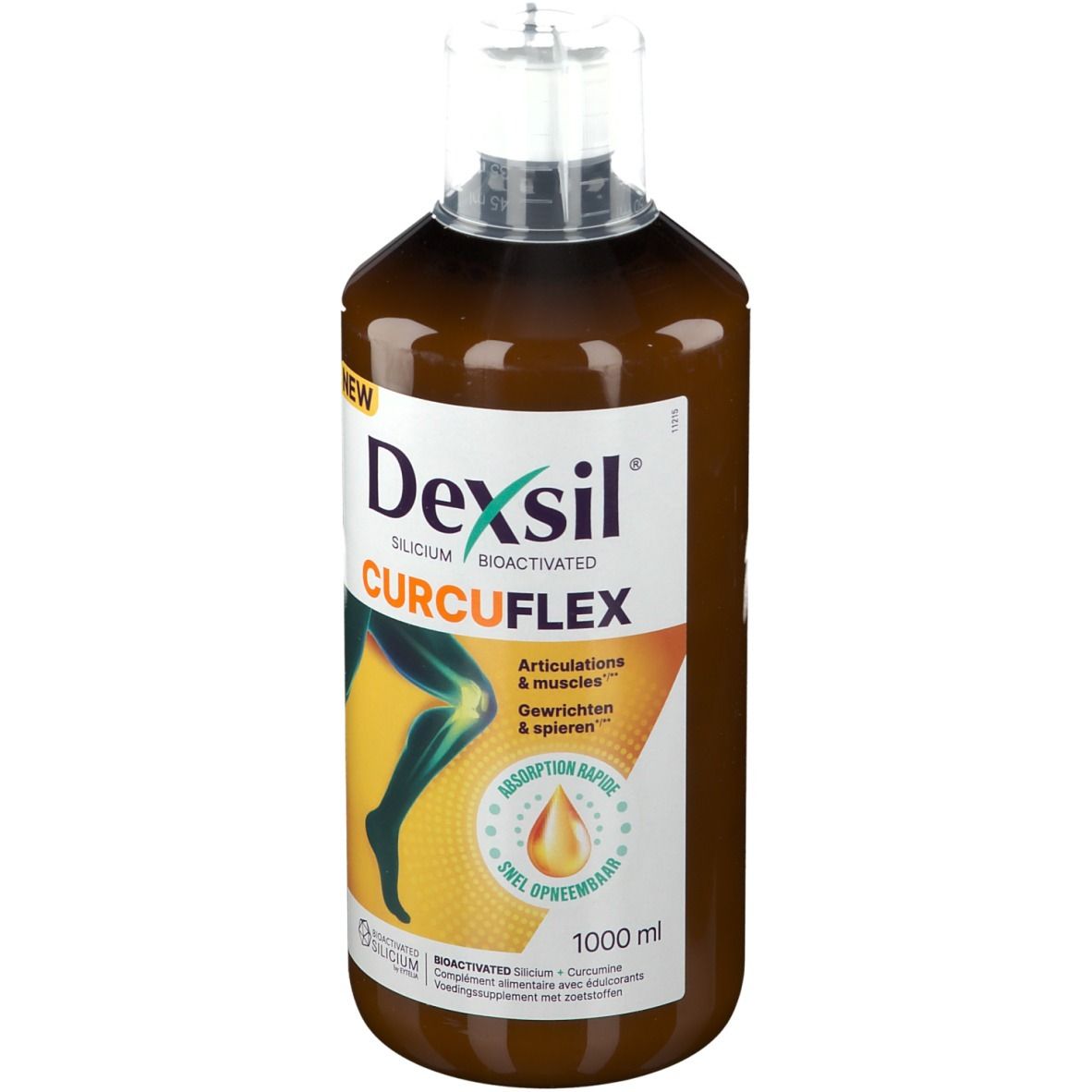 Bruine fles met witte dop. Opschrift Dexsil CurcuFlex. 1000 ml. Illustratie van een knie.