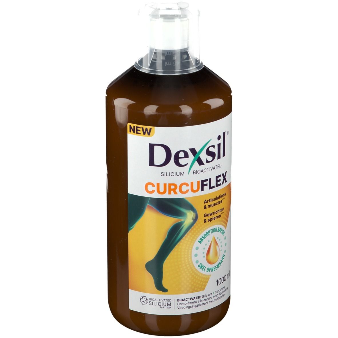 Bruine fles met witte dop. Opschrift Dexsil CurcuFlex. 1000 ml. Illustratie van een knie.