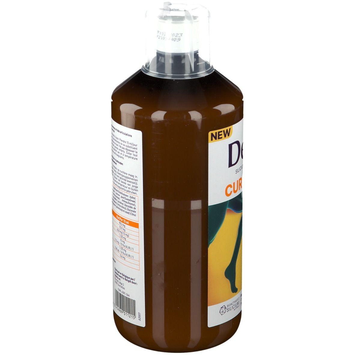 Bruine fles met witte dop. Achterkant met tekst. 1000 ml. Etiket met ingrediënten en informatie.