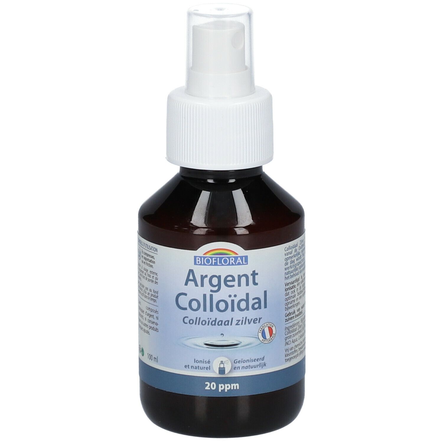 Flacon brun avec vaporisateur blanc. Inscription: BIOFLORAL Argent Colloïdal 20 ppm. Bande bleue avec texte.