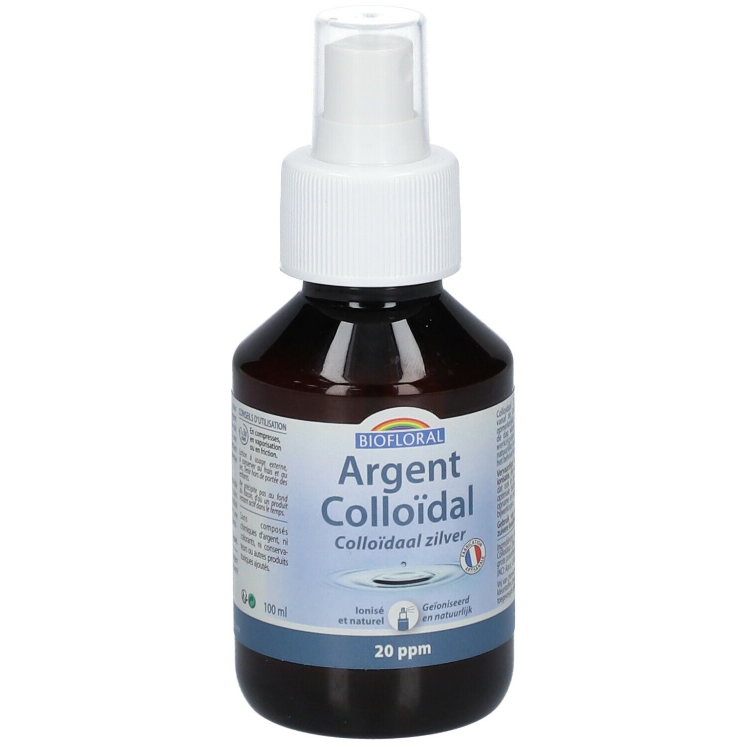 Flacon brun avec vaporisateur blanc. Inscription: BIOFLORAL Argent Colloïdal 20 ppm. Bande bleue avec texte.
