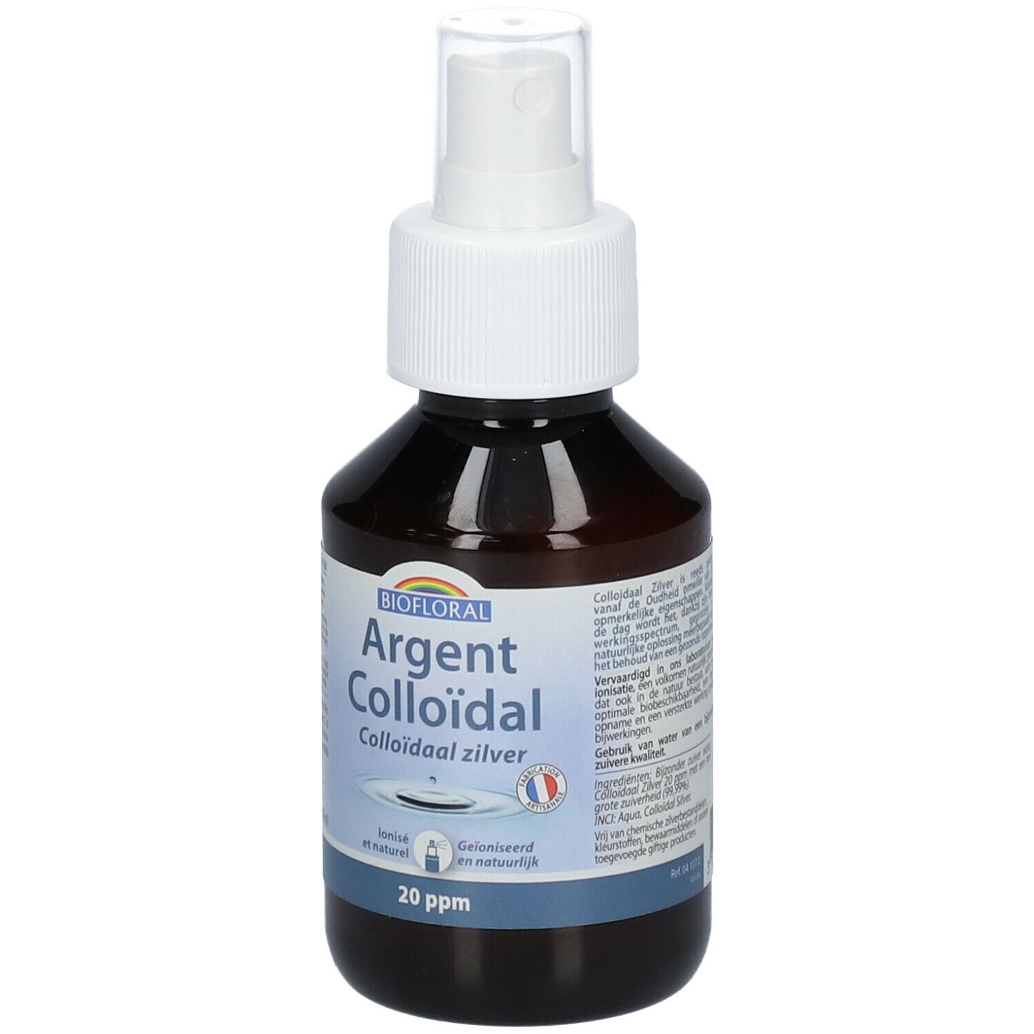 Flacon brun avec vaporisateur blanc. Inscription: BIOFLORAL Argent Colloïdal 20 ppm. Bande bleue avec texte.