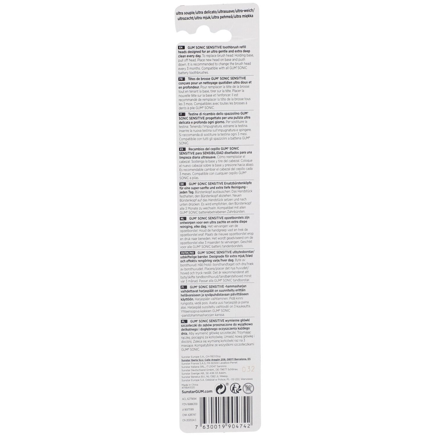 Rückseite der Verpackung mit Produktinformationen in verschiedenen Sprachen. Enthält Informationen zu GUM Sonic Sensitive.