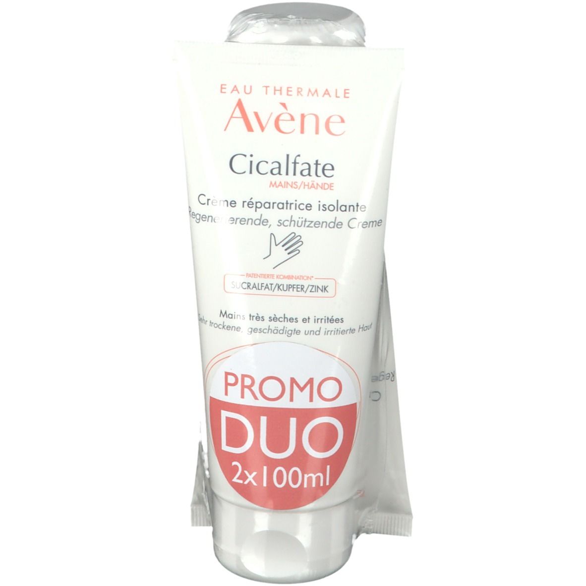 Tube blanc avec texte rouge et noir. "Avene Cicalfate" et "PROMO DUO" visibles. Emballé dans du plastique transparent.