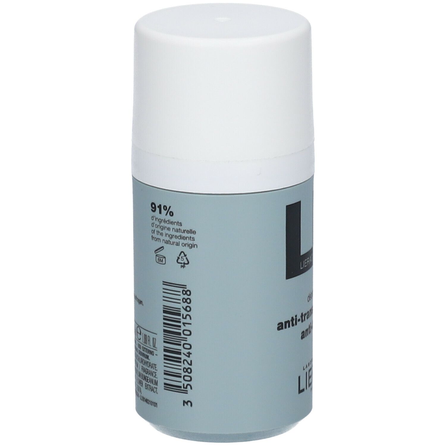 Deodorant roller, grijze huls met witte dop. Opschrift '91% d'ingrédients d'origine naturelle'. Barcode en informatie.
