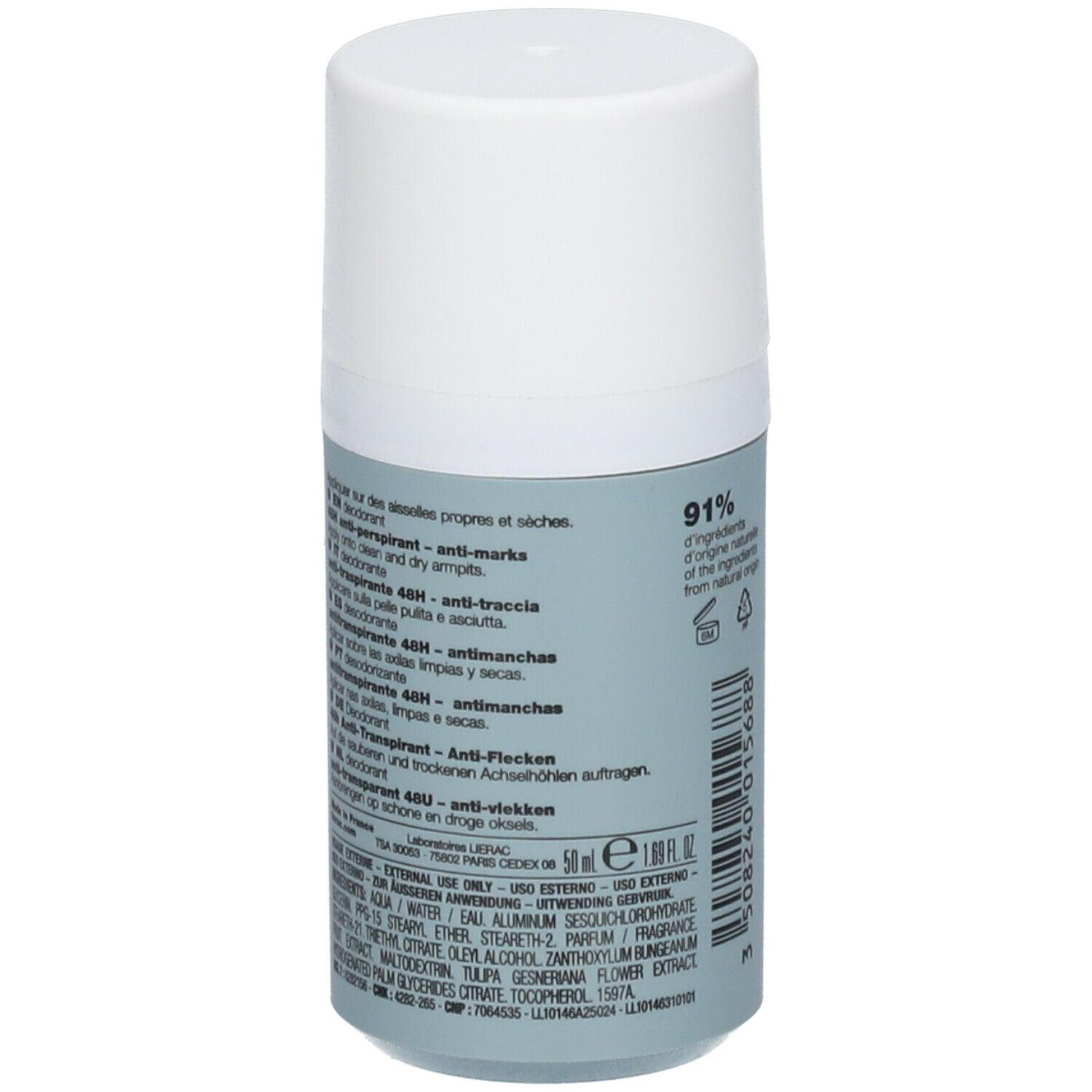 Deodorant roller, grijze huls met witte dop. Meertalige tekst: 'anti-transpirant 48H anti-traces', 'Deodorant 48H anti-macchie'.