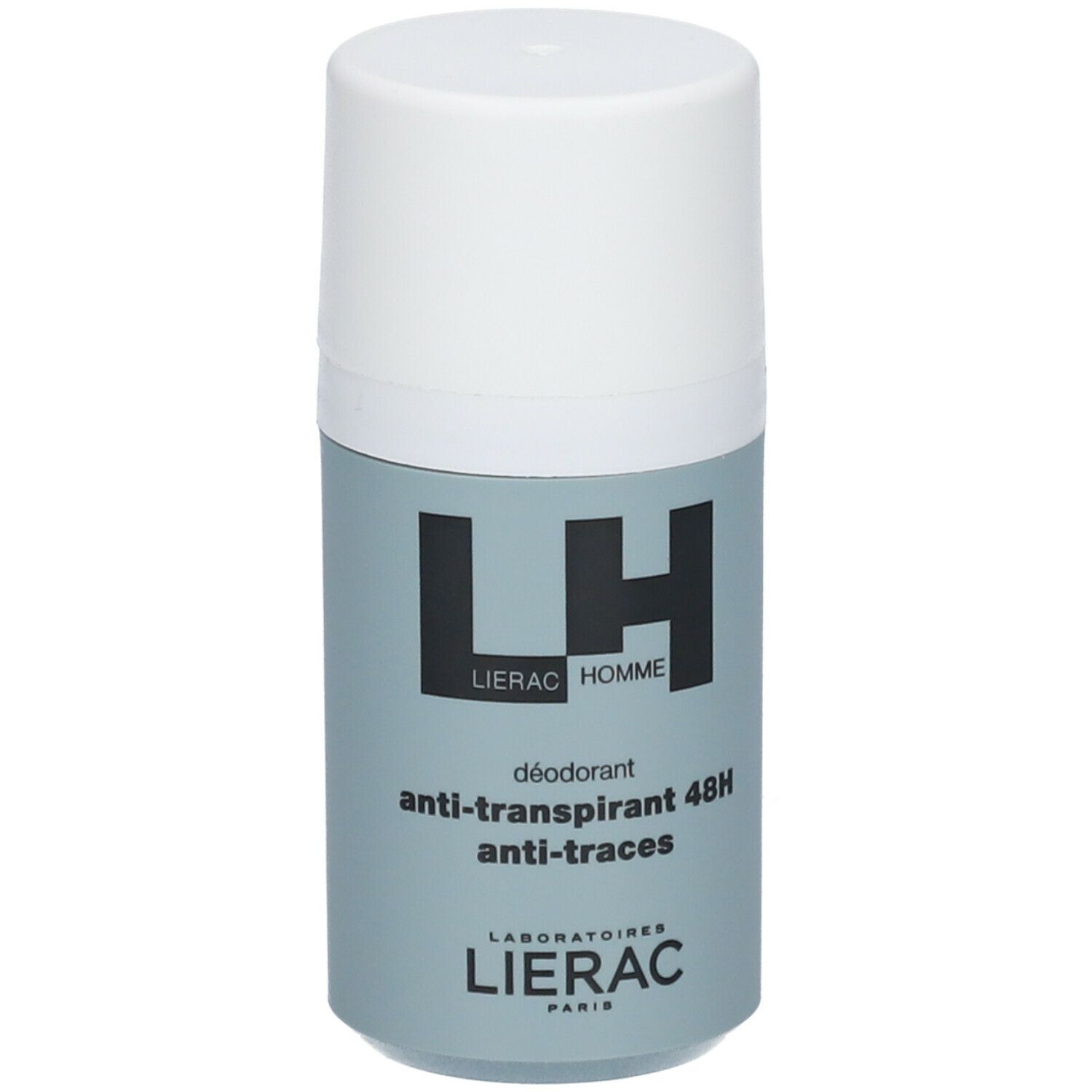 Deodorant roller met witte dop en grijze huls. Zwarte tekst LH LIERAC HOMME, daaronder 'anti-transpirant 48H anti-traces'.