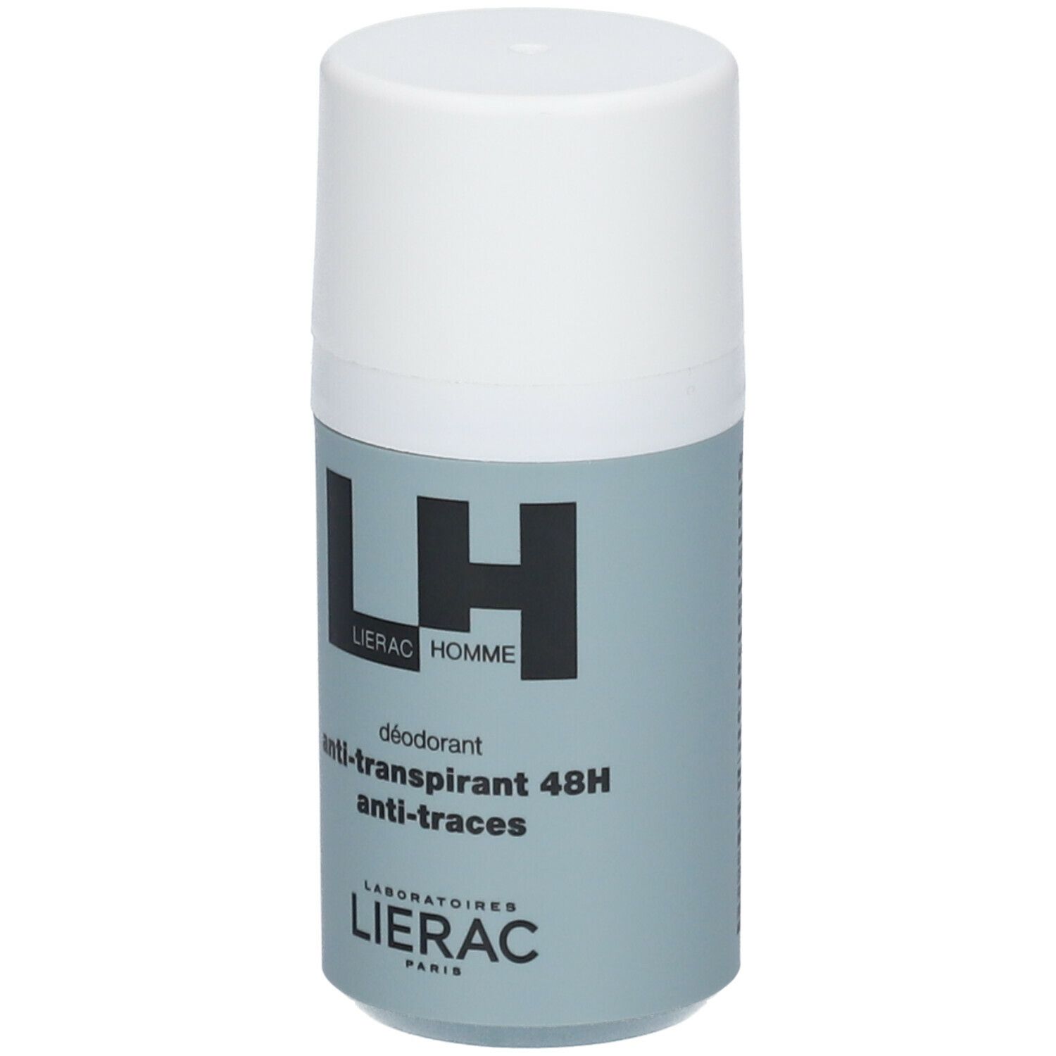 Deodorant roller met witte dop en grijze huls. Zwarte tekst LH LIERAC HOMME, daaronder 'anti-transpirant 48H anti-traces'.