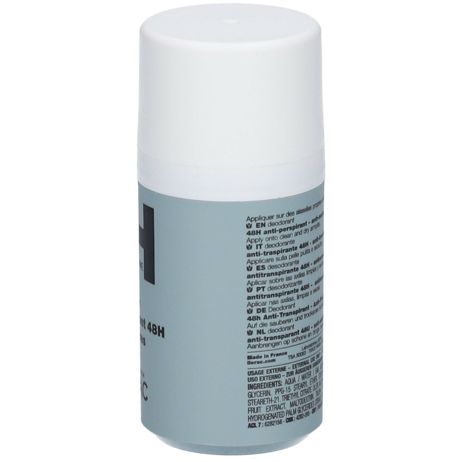 Deodorant roller, grijze huls met witte dop. Meertalige tekst: 'anti-transpirant 48H anti-traces', 'Deodorant 48H anti-macchie'.